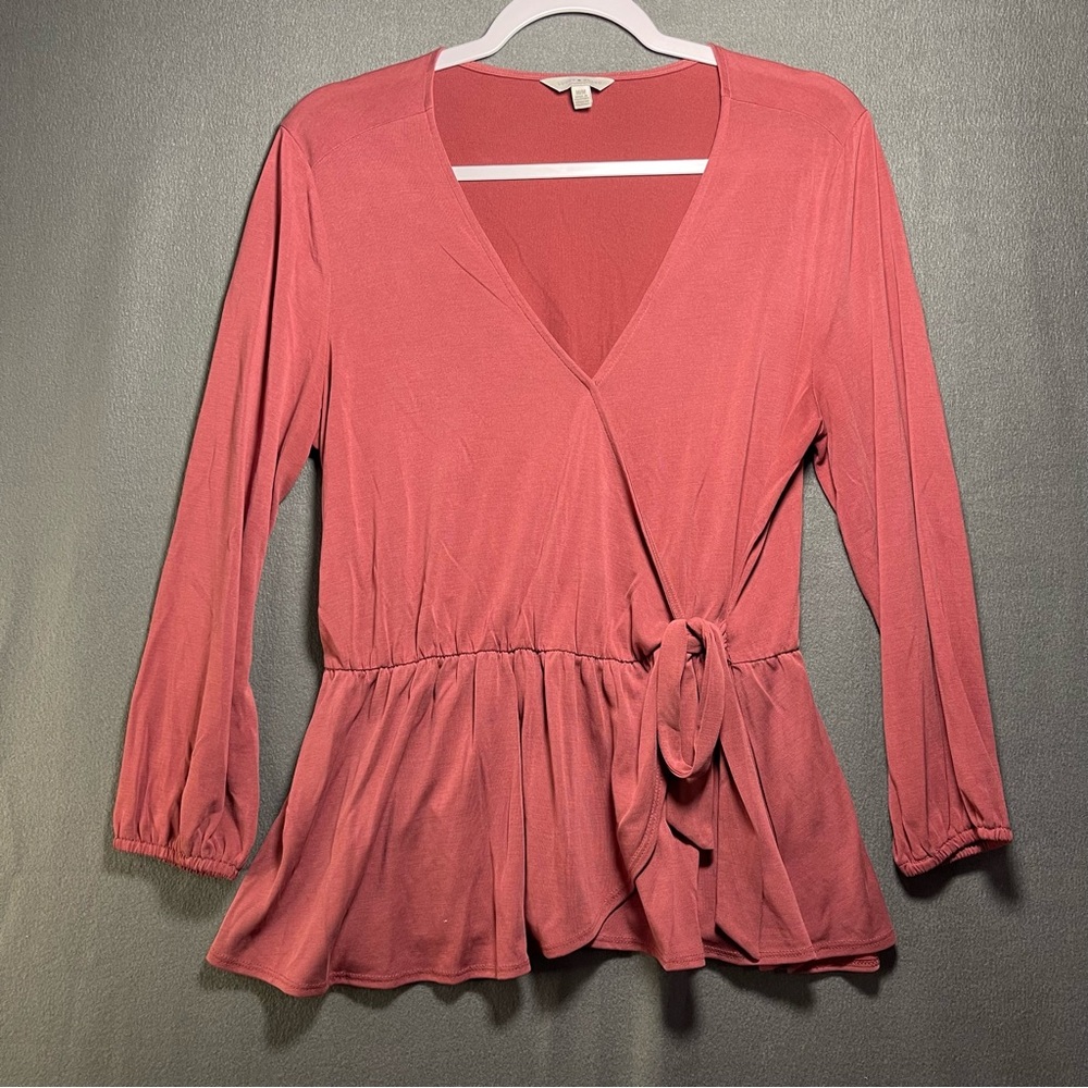Lucky Brand Dusty Rose Wrap Peplum Top Long Sleeve Modal Blend Size Medium
